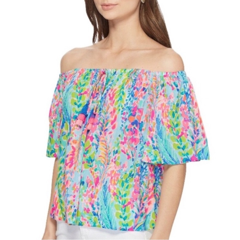 Lilly Pulitzer Pink and Blue Ruffled Off-Shoulder Blouse size large